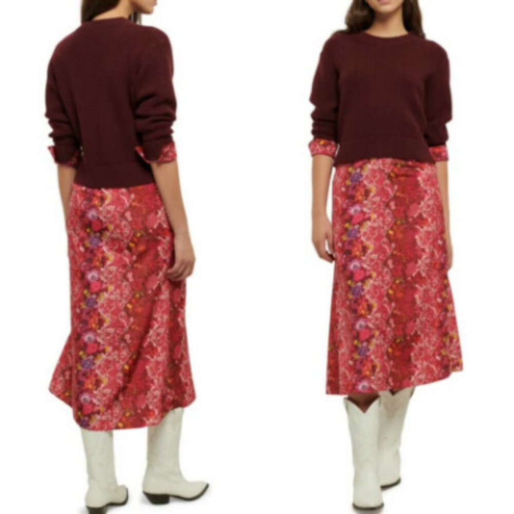 Derek Lam 10 Crosby Gabriella Maroon Red Pink Mixed Media Wool Floral Dress L​